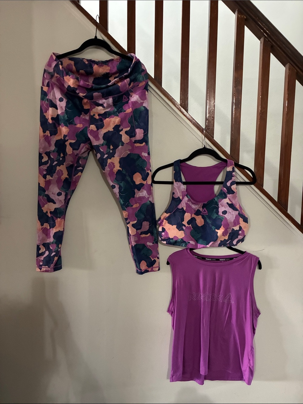 3 pc set Reebok Pink Purple Multicolor Camo Leggings Set with Magenta Tank